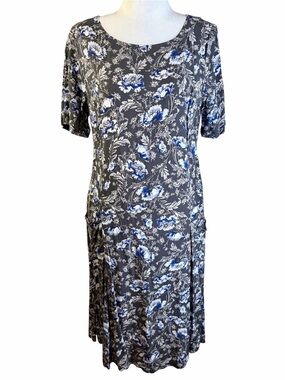 J. Jill Gray Midi Dress with Blue and White Floral Print Size 12